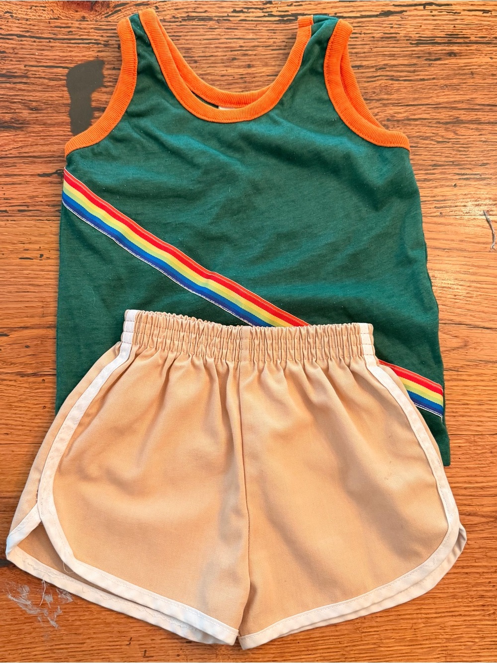 Vintage Healthtex tan shorts and Garanimals Green Rainbow Trim Tank